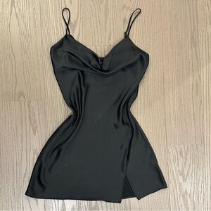 Dynamite Satin Cowl Neck Elegant Black Satin Slip Mini Dress